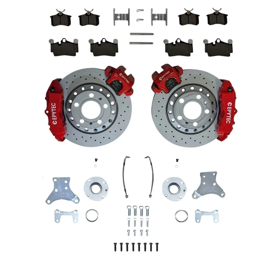 Big Brake system KIT rear axle Golf 1 2 3 Caddy 14D Jetta Porsche Cayenne 4-piston caliper VW Golf 4 R32 handbrake caliper 310x22 brake disc - wheel hubs bolt circle: 4x100 - color brake calipers: red with Epytec logo - Farbe Bremssattel: Rot mit Epy